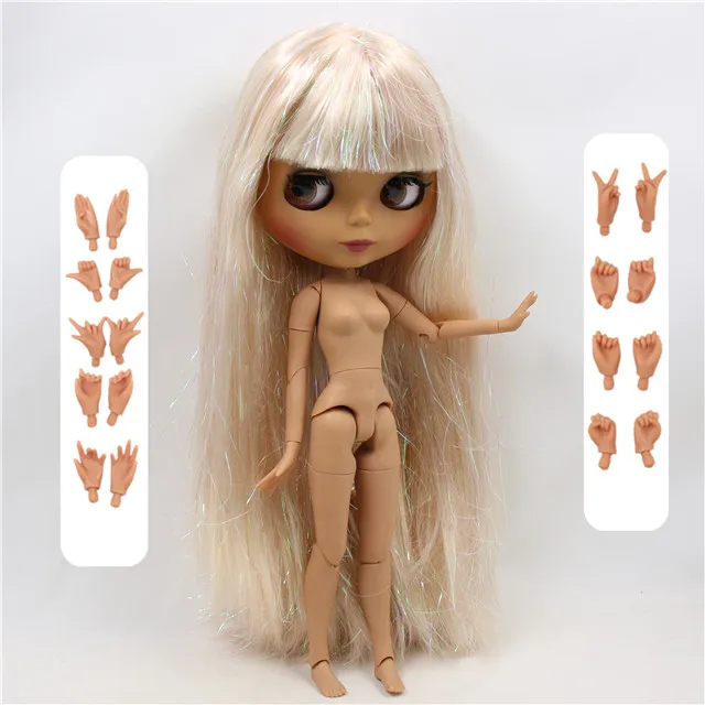 shiny hair Ледяная фабрика blyth кукла 1/6 игрушка шарнир тело bjd темная кожа матовое лицо блестящие светлые волосы голая кукла 30 см - Цвет: shiny hair