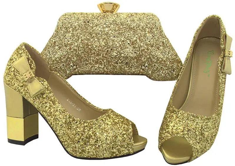 Золотистый цвет новейший дизайн комплект из обуви и сумки высокого качества