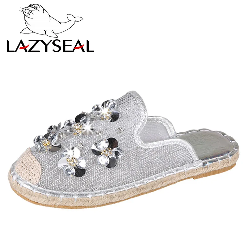 LazySeal/Летняя обувь; женские шлепанцы с круглым носком; Эспадрильи с цветочным принтом; дышащая женская обувь из пеньковой ткани с сетчатым верхом; zapato mujer - Цвет: Silver