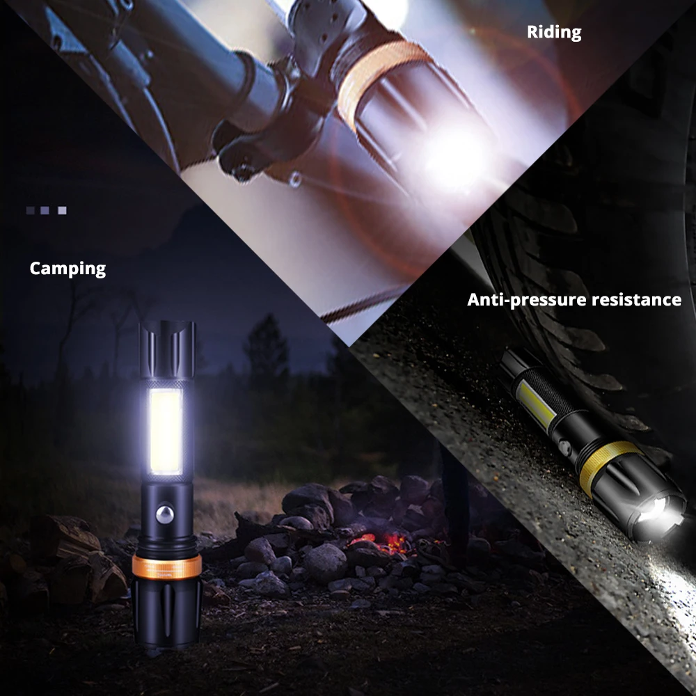 

Super bright Waterproof LED Flashlight With COB side light Rotary zoom 3 lighting modes Powered by 18650 battery for camping