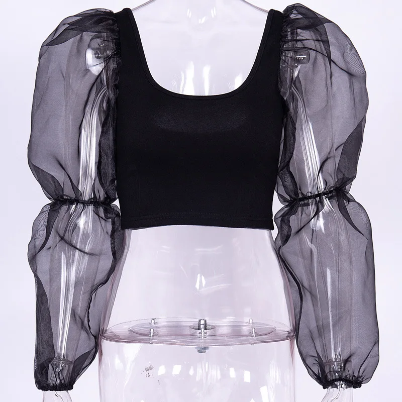 

Black Elegant Patchwork Mesh shirts Backless Long Puff Sleeve Tops Sexy Hollow Out Top