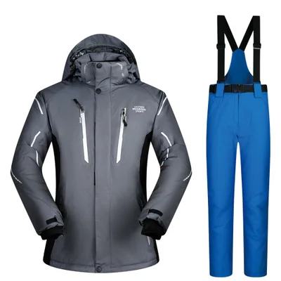 Gray and Blue Лыжный костюм зимняя Мужская Утепленная теплая зимняя куртка и лыжные штаны ветрозащитная мужская одежда куртка для сноубординга большого размера m-xxxl - Цвет: Gray and Blue