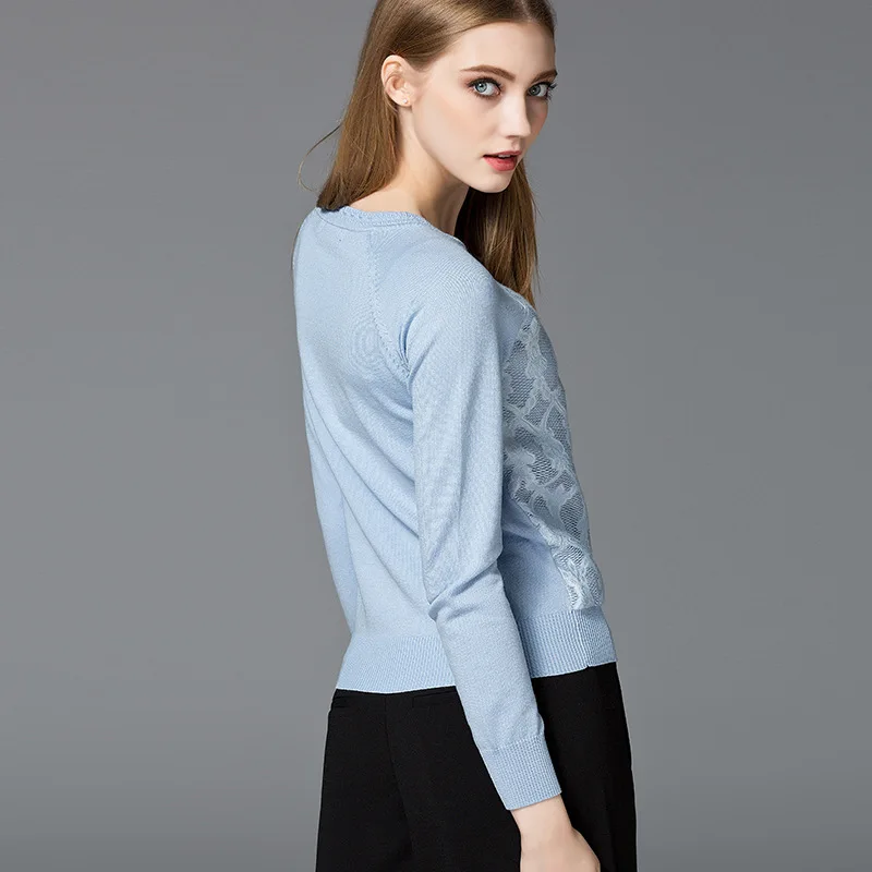 New Sky Blue White Lace Sweater for Women Casual O-Neck Long Sleeve Women's Sweaters Knitted Pullovers Fashion Female Loose Tops | Женская