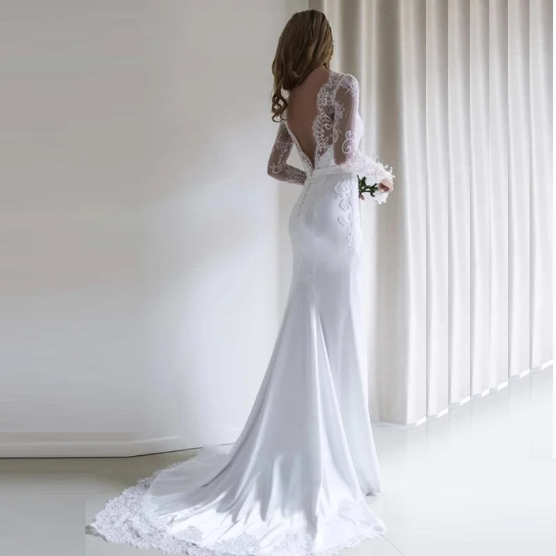 LORIE Русалка свадебное платье с длинным рукавом Vestidos de novia винтажное кружевное Шелковистое атласное свадебное платье с открытой спиной и шлейфом