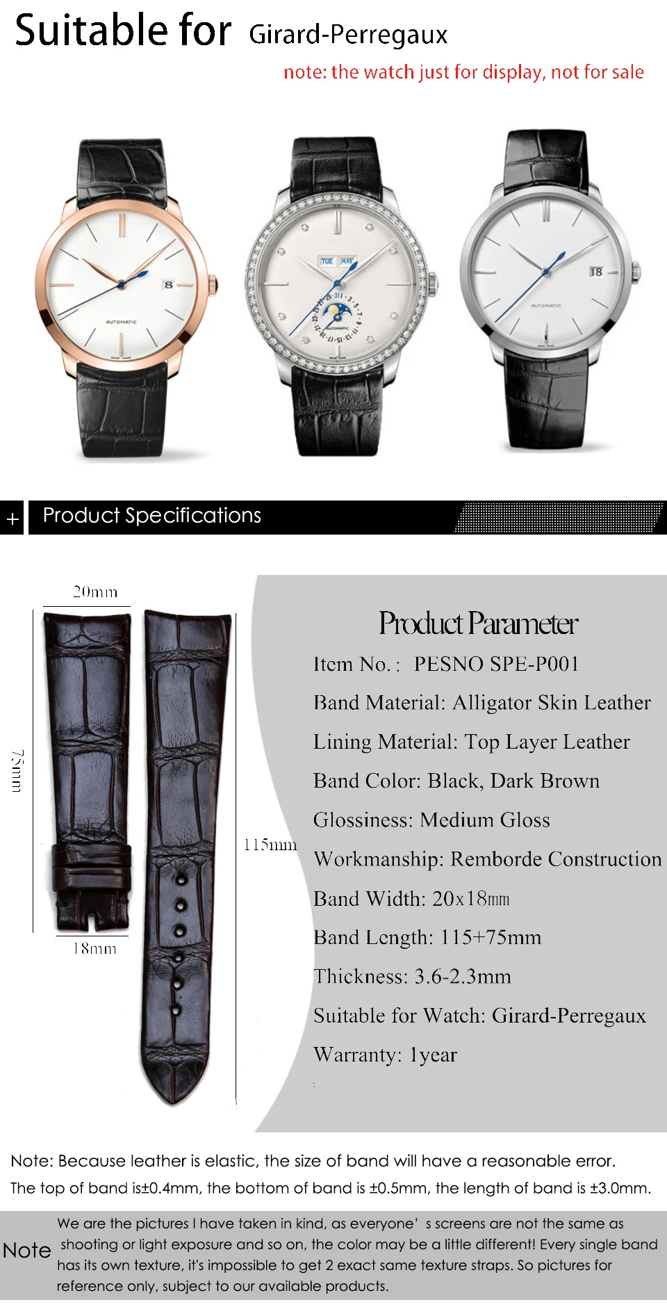 Pesno подходит для Girard-Perregaux 1966 кожа аллигатора Ремешок для часов 20 мм Мужские аксессуары для часов с пряжкой