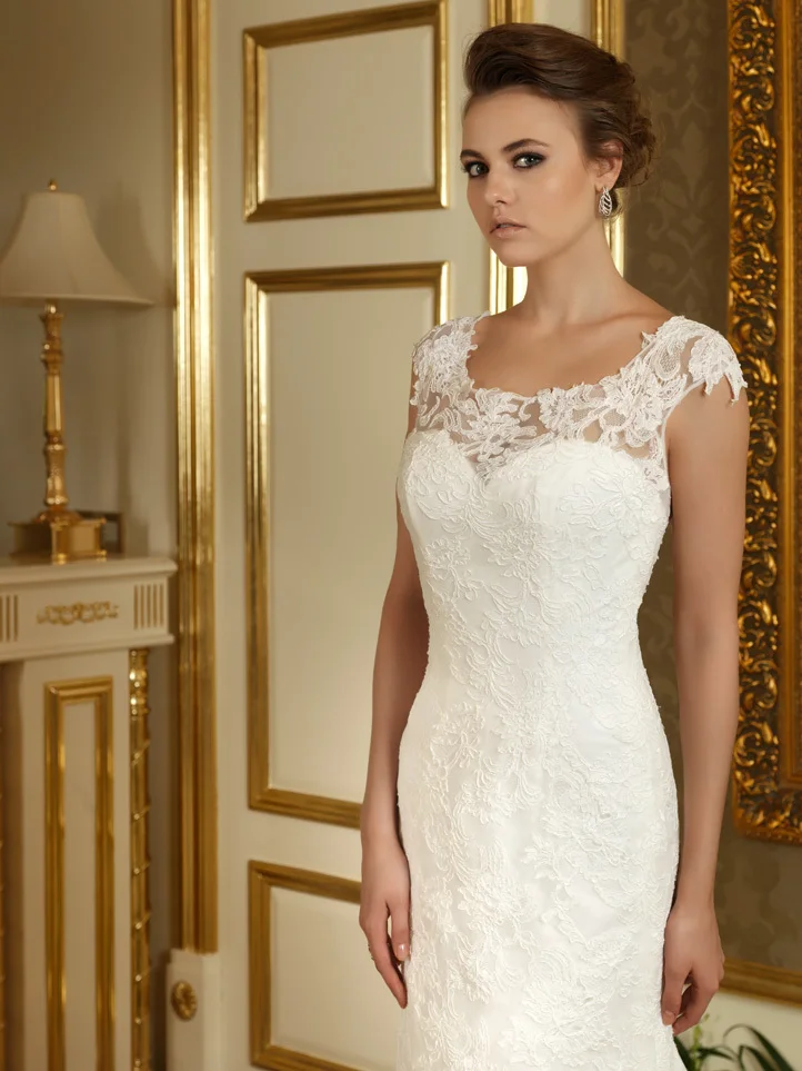 

Mermaid wedding dresses 2016 lace scoop neck cap sleeve romantic bridal gowns VESTIDO DE NOIVA sereia robe de mariage SH100