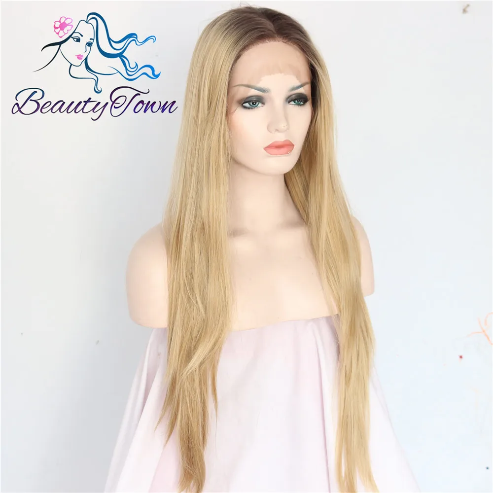 BeautyTown руки связали естественный длинные прямые Ombre черный корень блондинка Цвет высокое Температура волокна синтетические Синтетические волосы на кружеве ежедневно парики