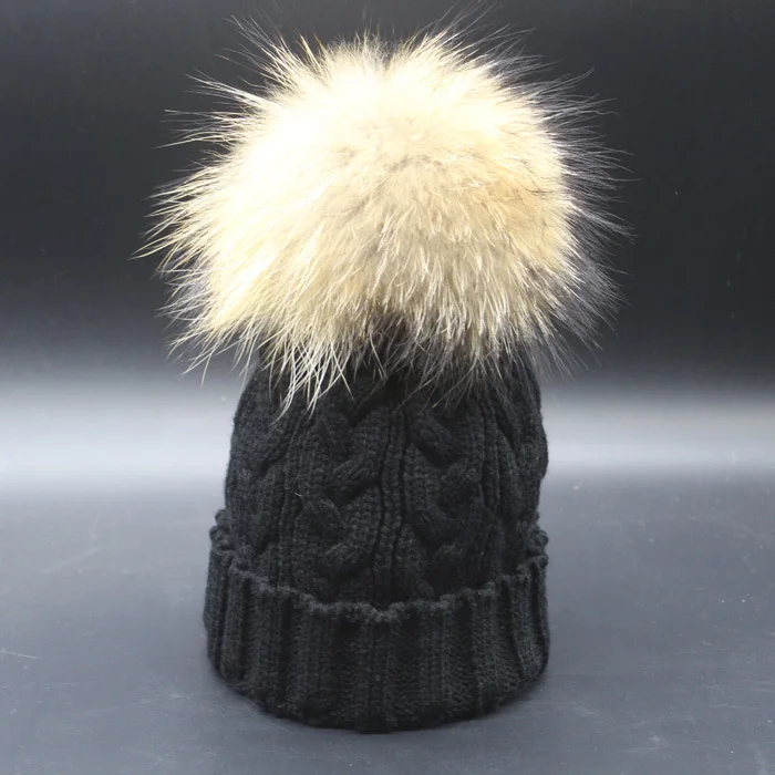 Женская шапка Skullies Beanies Зимние шапки для женщин 18 см большой натуральный мех помпон шапка женская твист вязаные шапки