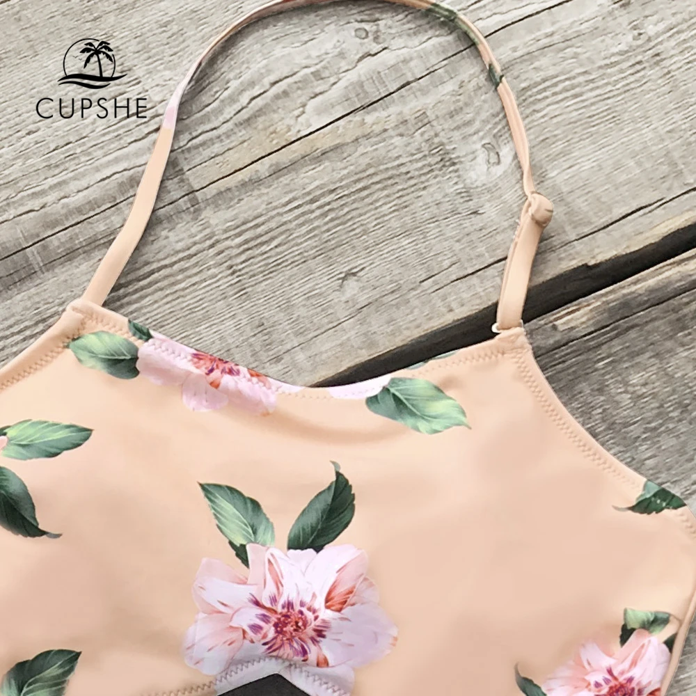 CUPSHE розовый цветочный и зеленый полосатый Холтер цельный купальник женский