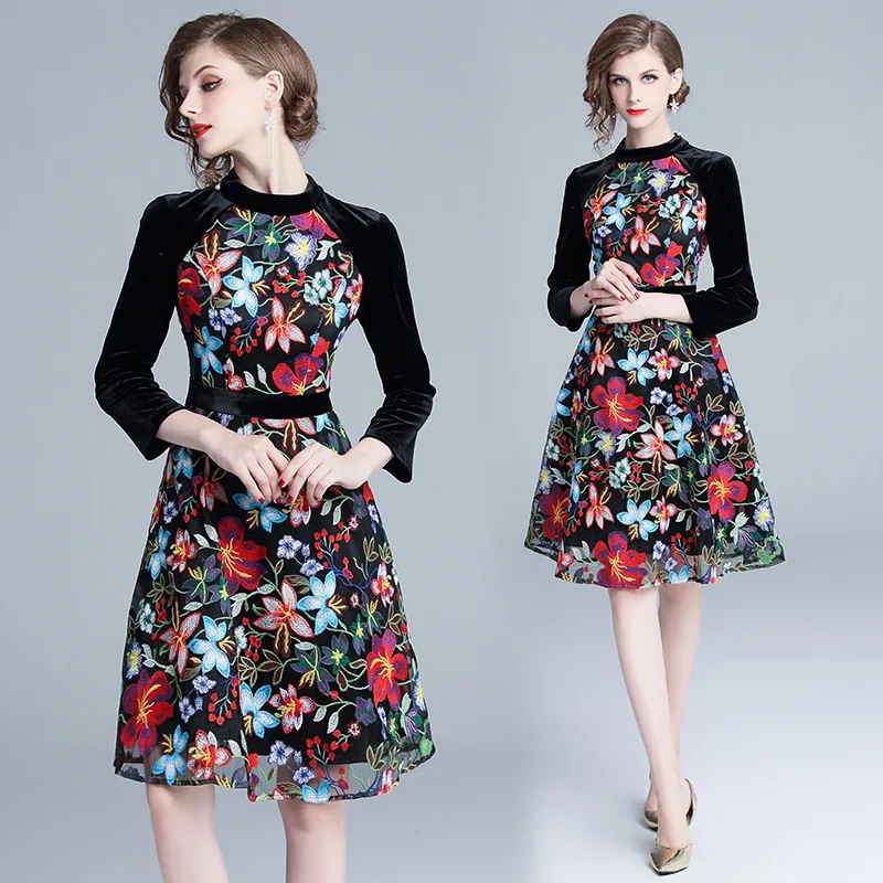

Duoupa 2019 New spring Womans Embroidery Dress Velvet Sleeve Patched Elegant OL Party Dress Autumn Dresses Women Floral Embroide