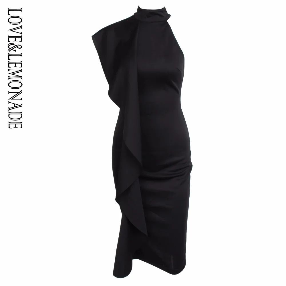 Облегающее платье LOVE & LEMONADE черное с высоким воротником и листом лотоса LM80203|party