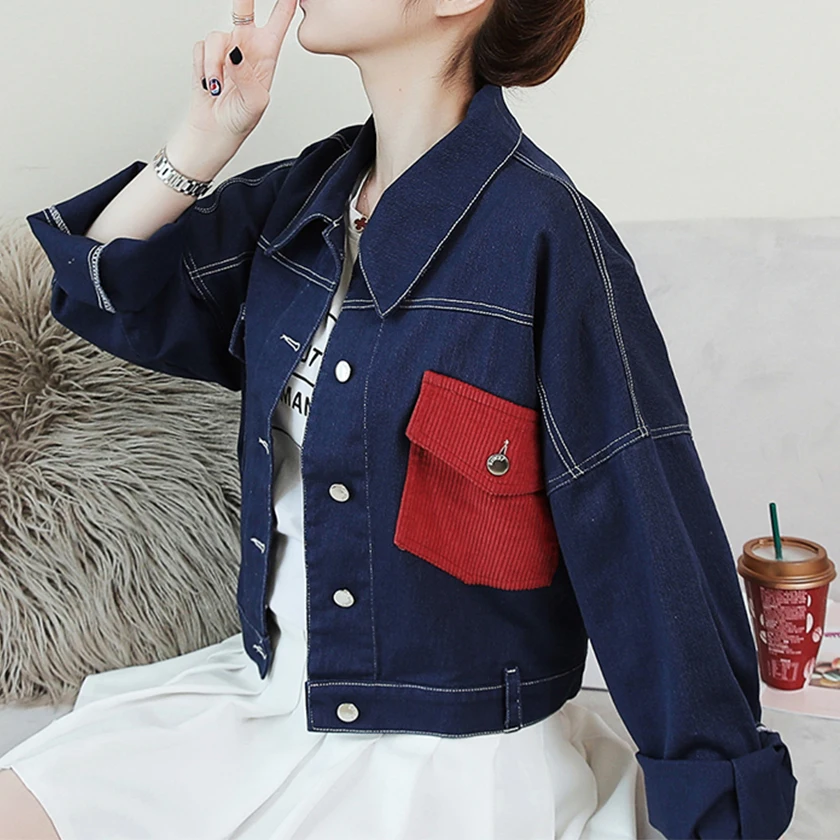 New Arrival Women Contrast Color Denim Jacket Full Batwing Sleeve Turn-down Collar Corduroy Patchwork Loose Short Jean Coat C946 | Женская