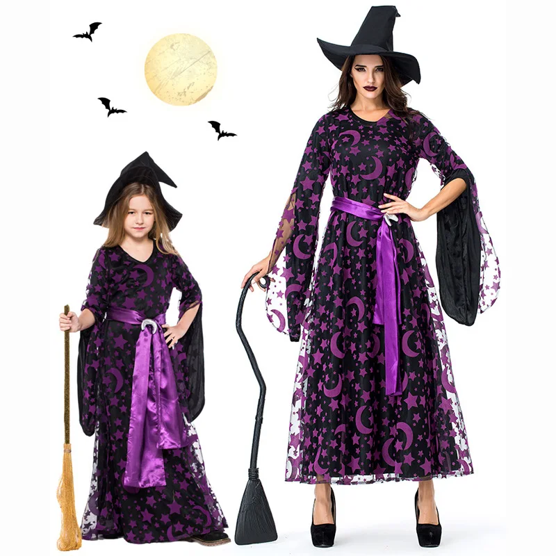 Женская черная пряжа Звезда Луна штамп платье ведьмы Костюмы косплей костюм с