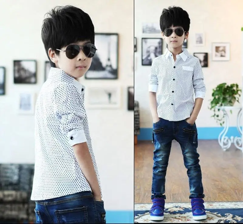 Модная детская деловая рубашка для мальчиков простая Праздничная в горошек с