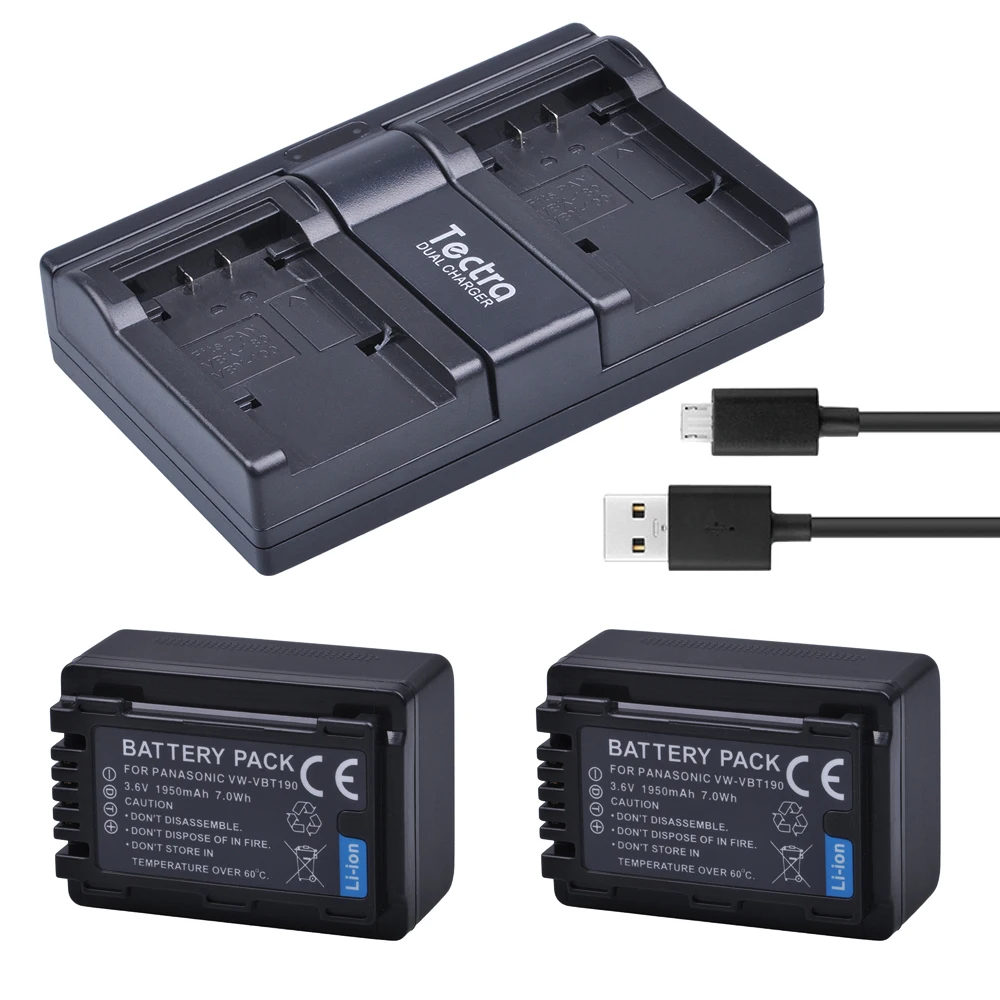 2 шт. литий ионная батарея Tectra VBT190 + USB канальное зарядное устройство для Panasonic VW