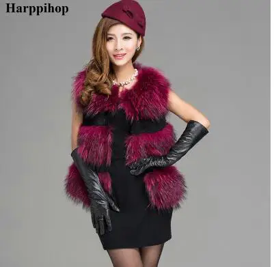 Женский жилет с натуральным мехом енота зимний из натуральной кожи лисьим 2019|vest