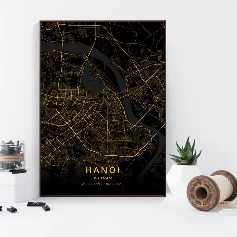 Карта города Ханой Вьетнам золотая карта холст Художественная печать настенные