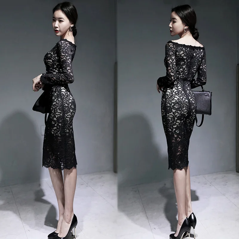 Весеннее офисное черное кружевное платье-карандаш с длинным рукавом
