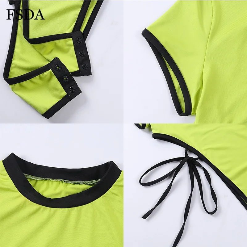 FSDA Neon Summer Bodysuit Sexy Beach Lace Up Hollow Out Short Sleeve Women Bodysuits