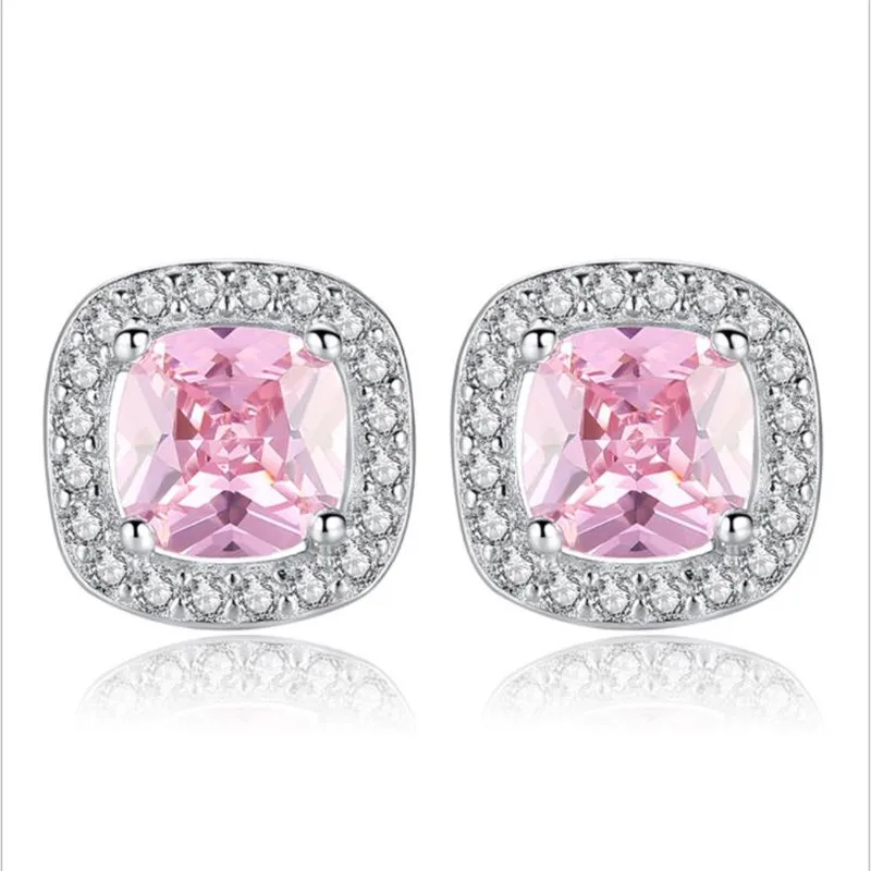 

New Arrival Silver Plated Earrings For Women Party Accessories Charm Crystal Square Pink Stud Earrings Lady Bijou