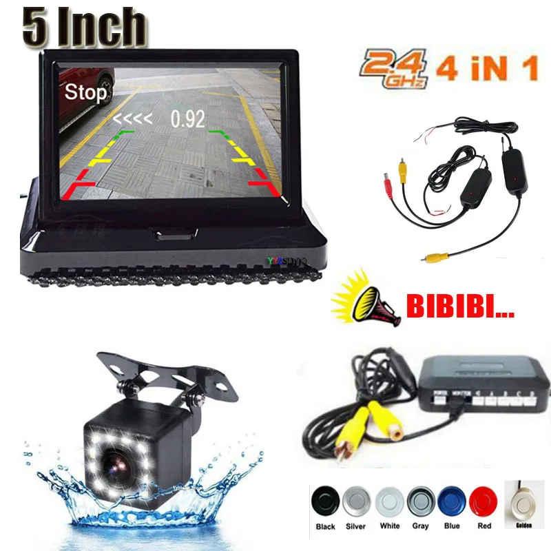 

2.4Ghz 4 In 1 Car Wireless Parking Monitor Video System 5 Inch Car Foldable Monitor with Parking sensor and camera Wireless Kit