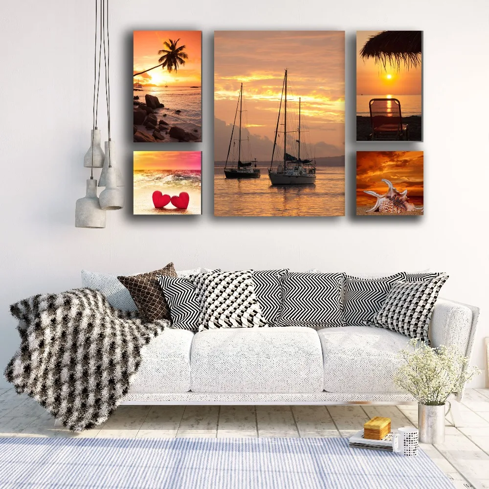 Фото 5 шт. в 1 современный sunset beach тропический лодка морской стены картину Холст 5 шт. в 1 современный sunset beach тропический лодка морской стены картину Холст