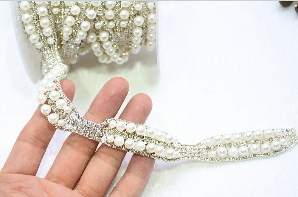 1Yard Rhinestones Pearl Trim Ribbon Costume Applique Rotate White Shiny Beads Silver Claw Diamond Chain Wedding Dress Decoration | Дом и сад