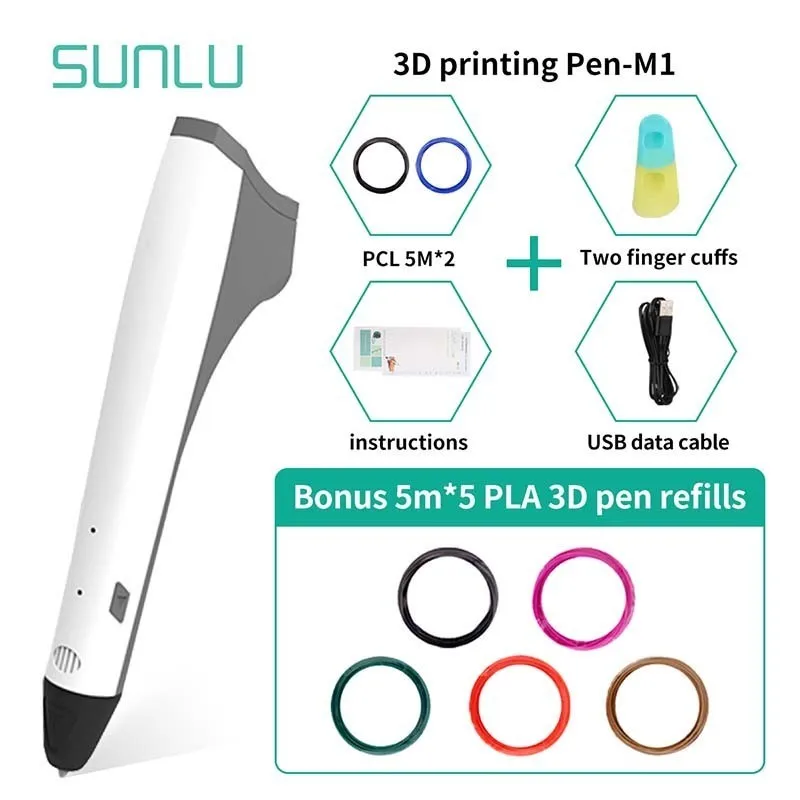 M1-White-5.5 SUNLU M1 3D печать Ручка Поддержка 1,75 PLA PCL нити легко поддерживать детей Scribble ручки Рождественский подарок - Цвет: M1-White-5.5