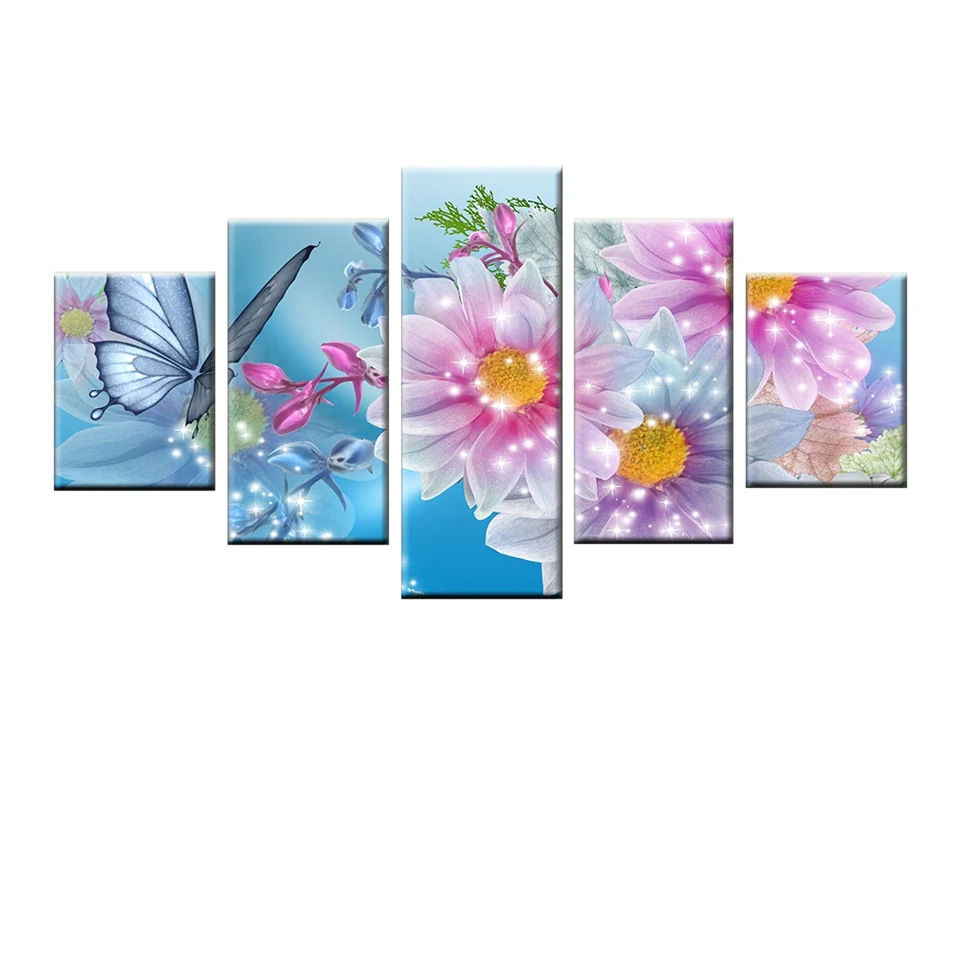 

Abstract Shiny Pink Flower Butterfly Decoration Frame Picture Modern Home Wall Art Nordic Poster 5 Piece Canvas Drawing
