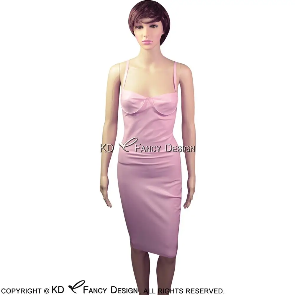 

Pink Sexy Latex Dress Above Knee With Bra Cup Zipper At Back Rubber Bodycon Playsuit LYQ-0074