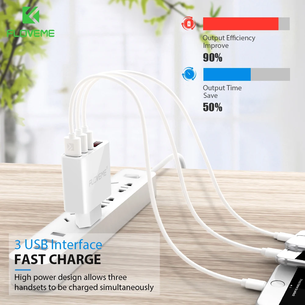 FLOVEME светодиодный дисплей 3 USB зарядное устройство Макс 2.4A ЗУ для мобильного