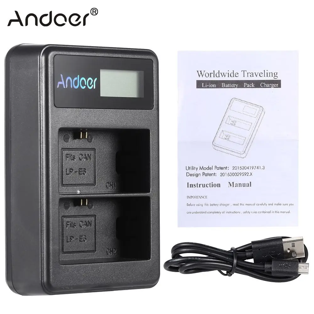 Andoer LP E6 LED дисплей литий ионный аккумулятор зарядное устройство комплект с 2