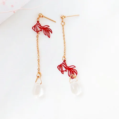 

Fashion crystal stud earrings mini cute little goldfish earrings long asymmetric girl eardrop water droplets earrings for women