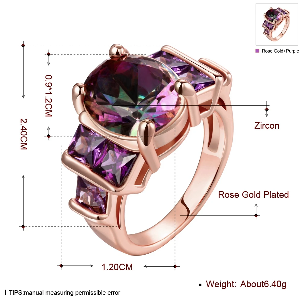 Anniversary Wedding Jewelry Fashion Colorful Rainbow Big Oval Zircon Stone Crystal Rings For Women Rose Gold color Bijoux Gifts | Украшения