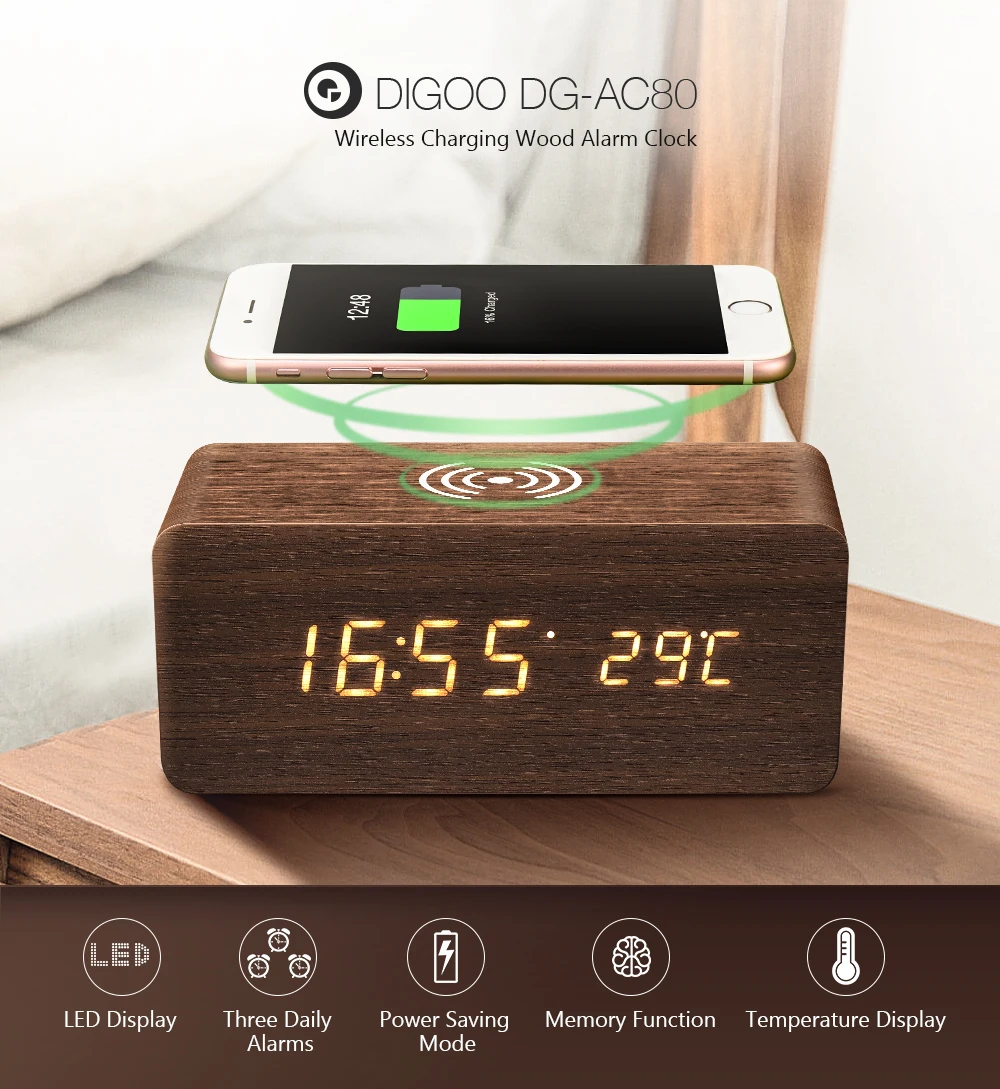 Digoo DG-AC80, Беспроводная зарядка, голосовое управление, цифровой Деревянный Будильник, светодиодный 12/24 часовой дисплей, термометр, температурные часы