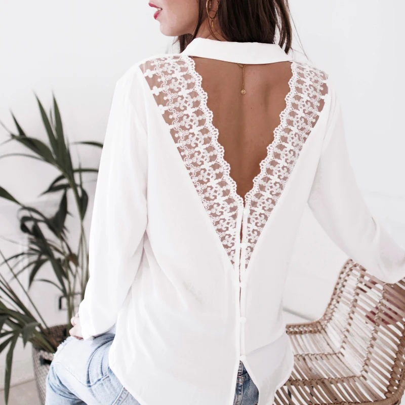 

Fashion Womens Lace Tops and Blouses Office Lady Long Sleeve V Neck Harajuku Shirt Lace chemise femininas