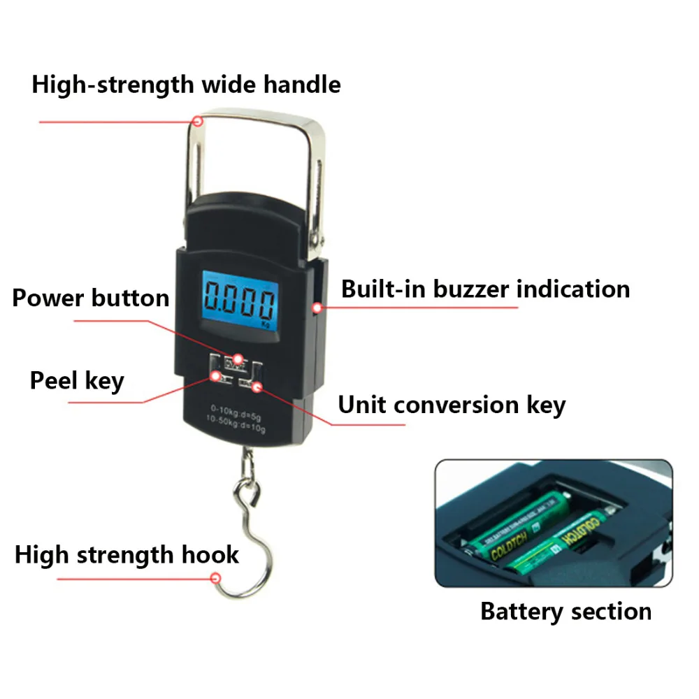 

Hanging Hook Fishing Travel Luggage Weight Scale 50KG/10g Digital Scale for Baggage Balance Steelyard With Blue Background Light