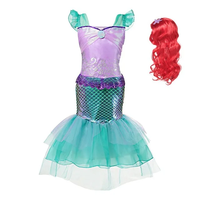 Mermaid Dress Wig Платье принцессы Ариэль для девочек; платье Русалочки; костюмы; детская одежда для костюмированной вечеринки; летнее платье с принтом; фиолетовые и Зеленые комплекты - Цвет: Mermaid Dress Wig