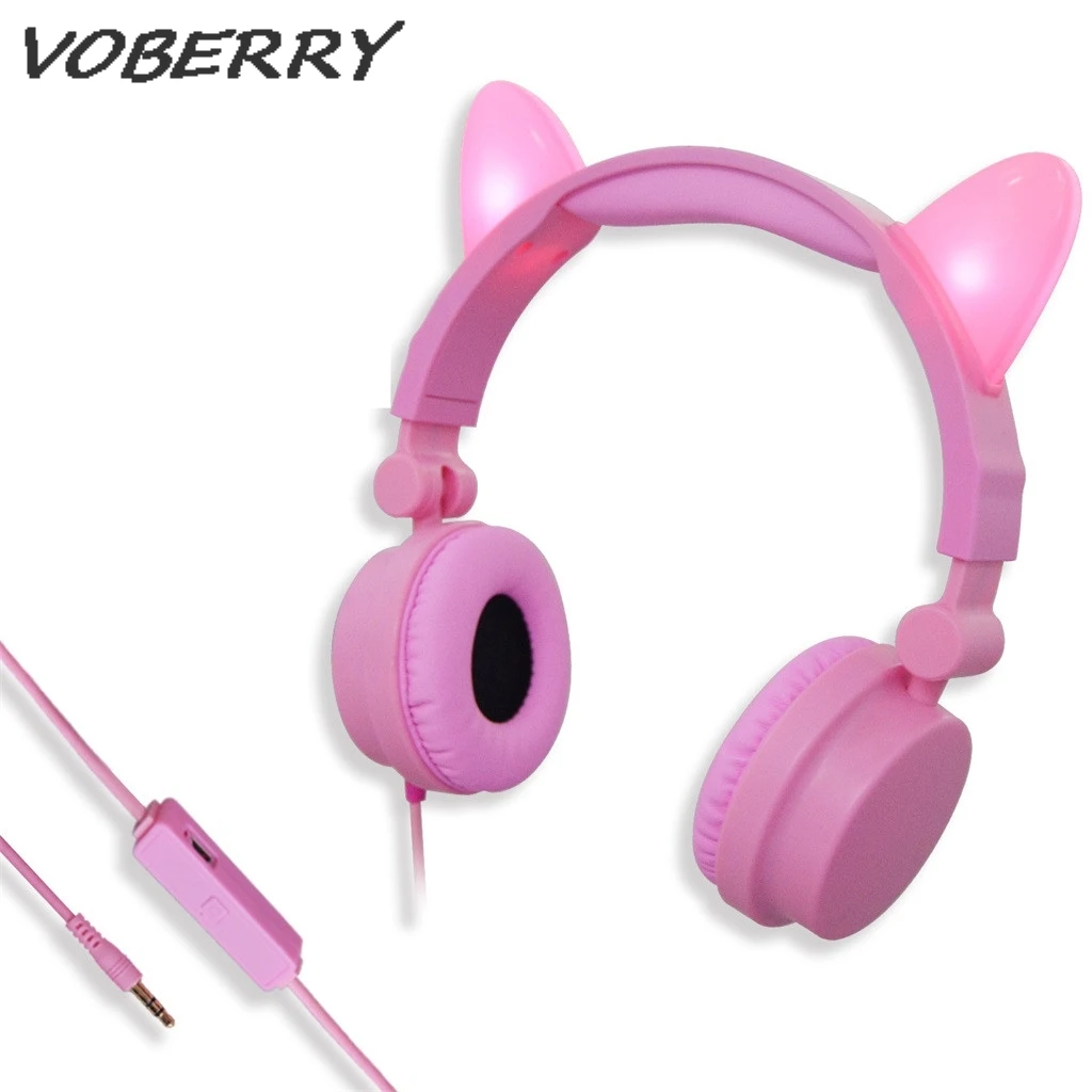 Складные наушники VOBERRY для кошек, светодиодный, с музыкальными огнями, спортивные, для девочек, детские, стерео, для ПК, компьютера, мобильного телефона