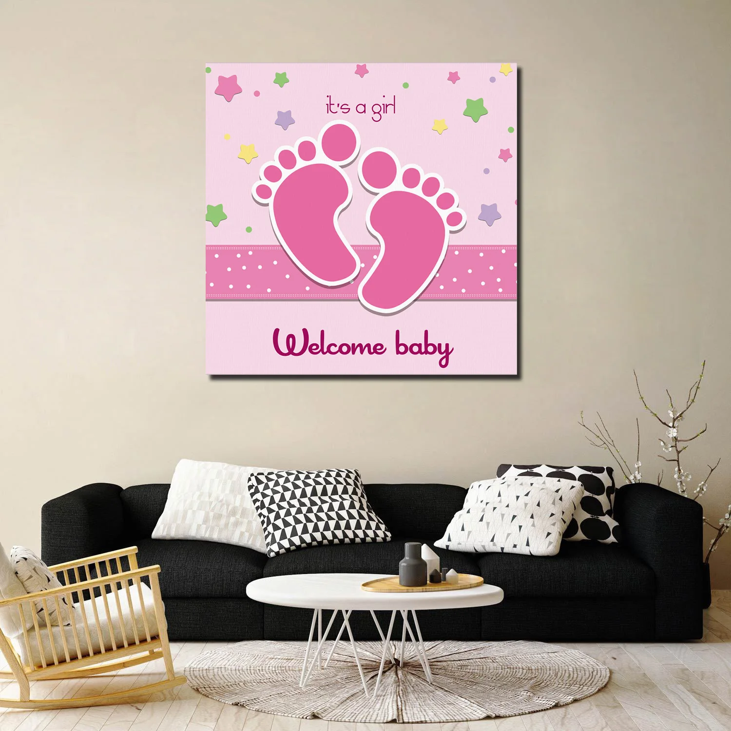 ArtStore Pink Baby Footprints Oil Painting Wedding Party Ready To Hang Wall Picture New Year Classic Lattice Posters Wrapped Can | Дом и сад