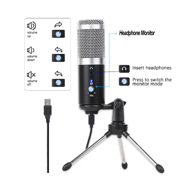Professional Microphone Condenser for Computer PC USB Plug+Tripod Stand YouTube Broadcasting Recording Microfone Karaoke Mic