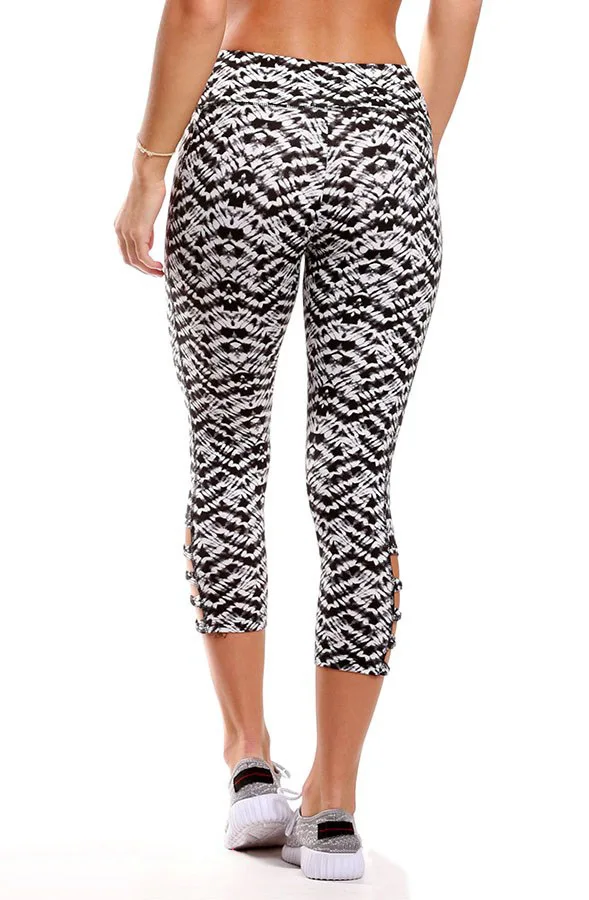 

Floral Flower Strip Print Chic Elastic Wasit Women Capris Pants Bandage Hallow Out Skinny Fitness Lady Leggings Calf Girl Pants