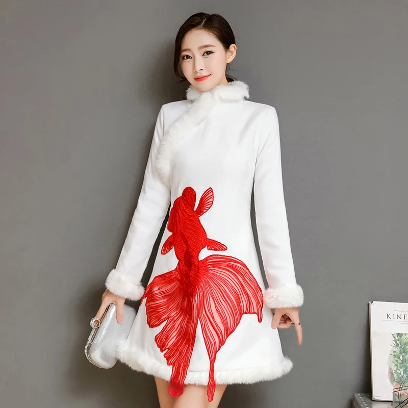 High Quality 2018 Winter Modified Cheongsam Chinese Style Warm Fur Collar Long Sleeved Thickened Goldfish Slim Women Dress | Женская