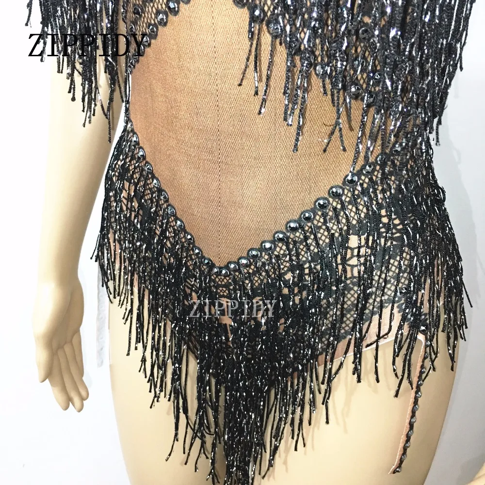 Shining Black Tassel Bodysuit Nigthclub Rhinestones Outfit Glisten stones One-piece Headpiece Costume Stage Leotard Headdress