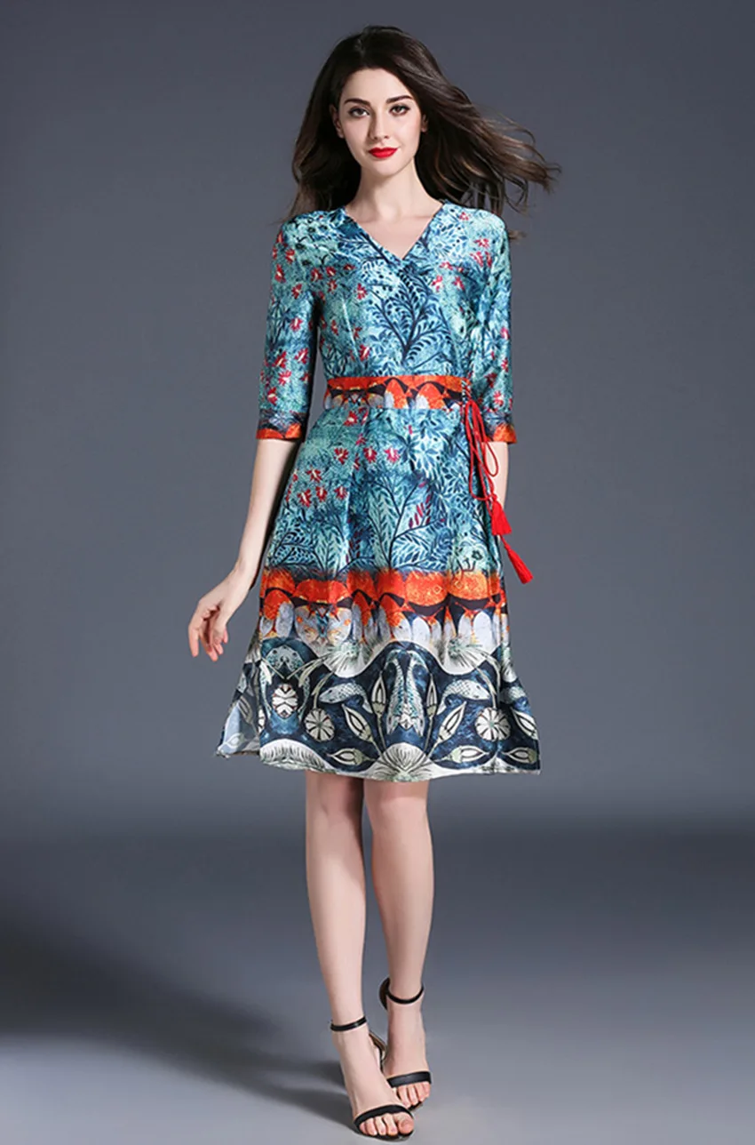 FTLZZ 2017 Summer New Crossed Lateral Frenulum V-neck Slim Dress Woman Retro Ethnic Style Floral Print A-line | Женская одежда