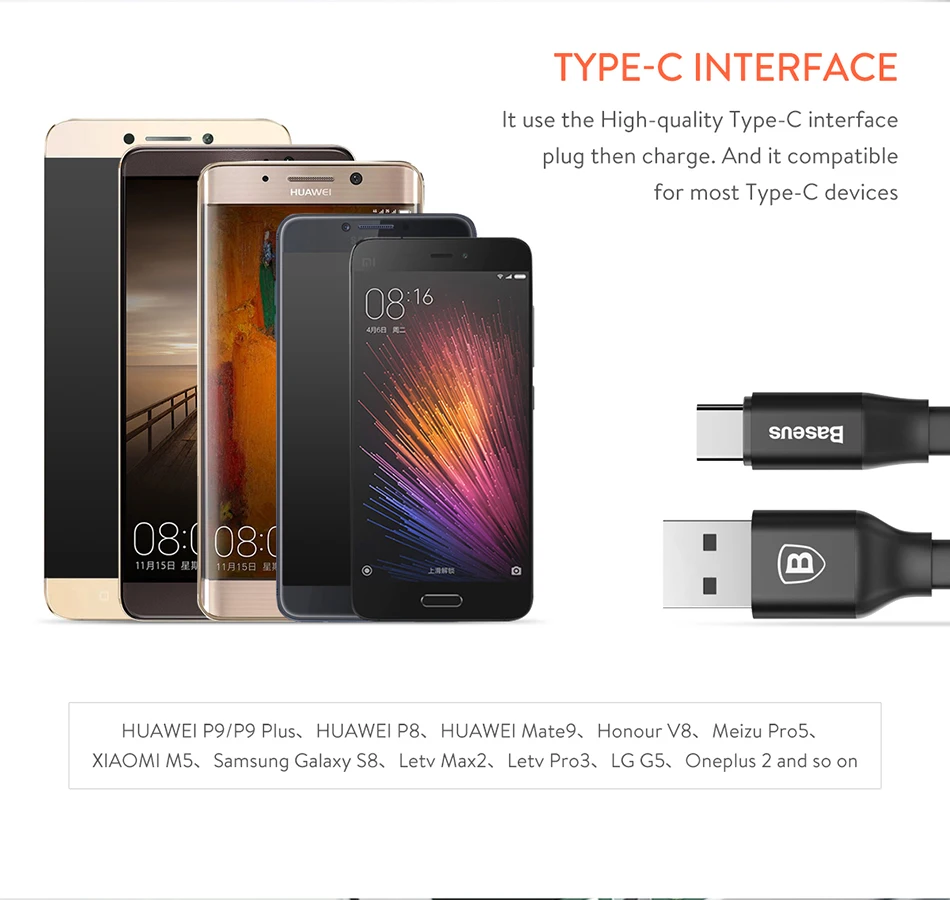 Портативный кабель Baseus type-C для samsung S8 Note 8 Xiaomi Mi6 Mi5 MiA1, зарядный кабель для мобильного телефона, быстрая зарядка, тип usb-C