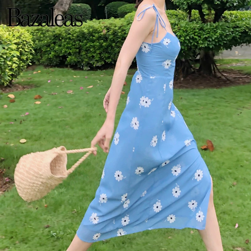 Bazaleas модное синее платье с цветочным принтом vestidos винтажное регулируемое платье миди на тонких бретелях летнее платье с разрезом от бедра Прямая поставка