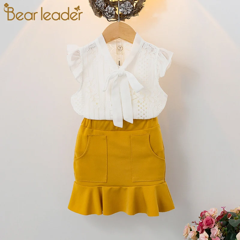 Bear Leader Girls Dress 2021 New Kids Clothing Summer Lace Short-sleeved Top + Lotus Leaf 2pcs suit Children's Clothes Set | Детская