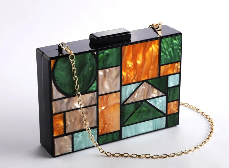 Green Metal Chain Новая коробка акриловая Лоскутная сумка геометрический узор женские сумки через плечо вечерние клатчи - Цвет: Green Metal Chain