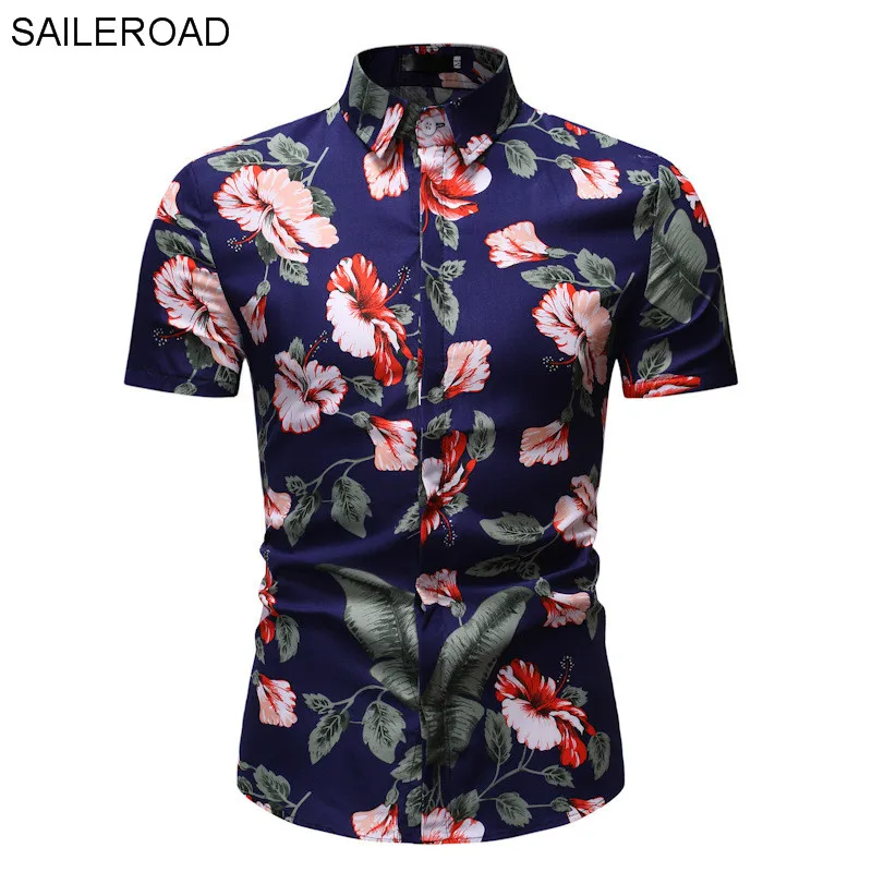 SAILEROAD Модная рубашка с цветочным принтом Мужские рубашки с принтом Гавайские приталенные Camisa Цветочные мужские летние рубашки с короткими рукавами Топы